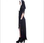 Zombie nun costume on model, side view showing torn veil and long skirt