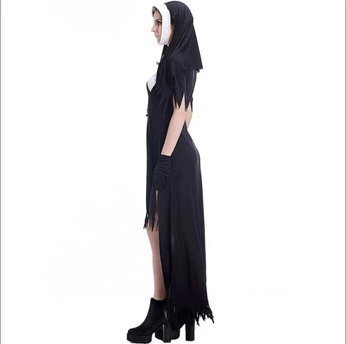 Zombie nun costume on model, side view showing torn veil and long skirt