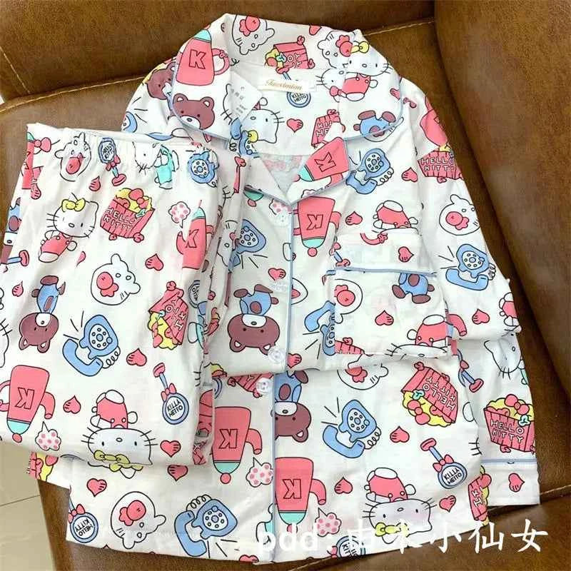 Kawaii Sanrios Hello Kitty Women's Pajamas Set Anime Cartoon Students Autumn Winter Polyester Long Sleeved Girls Nightwear Gift