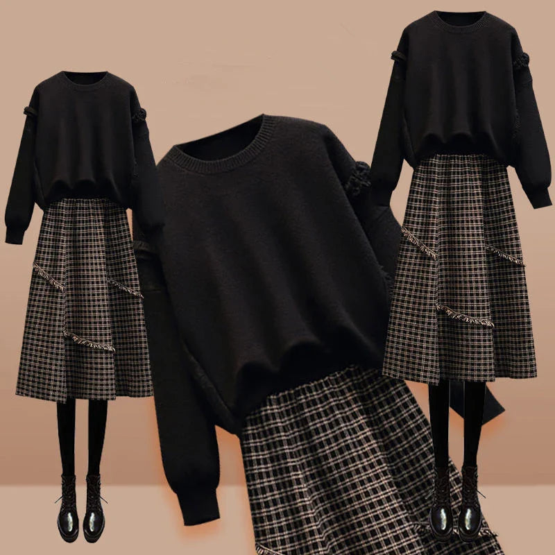Women Winter Vintage Chic Sweater Plaid Skirts Lady Black - Vusy Kawaii Shop