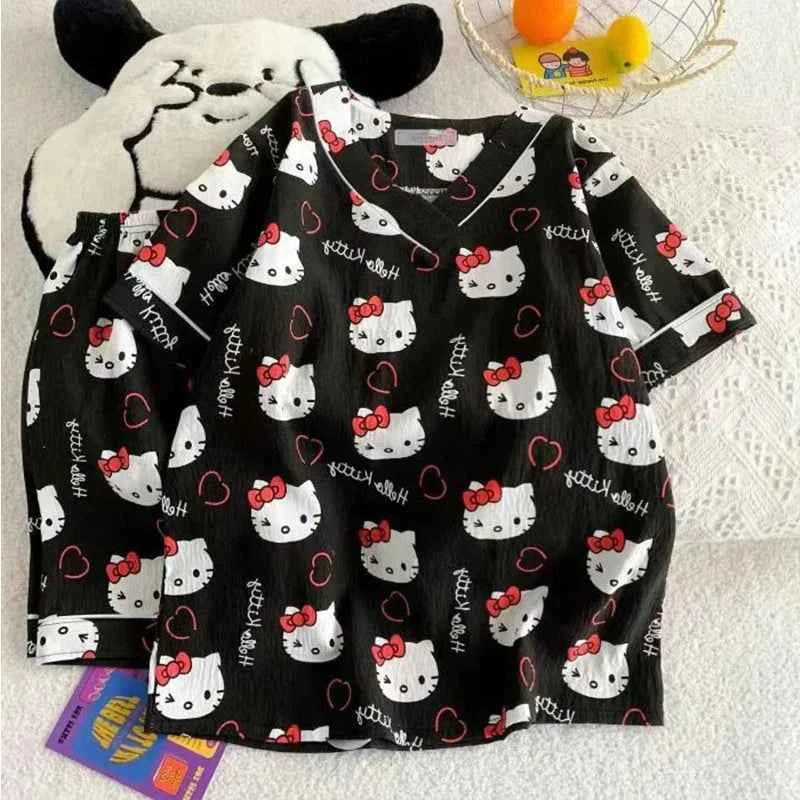 Sanrio Fashion Casual Cute Sweet Polka Dot Home Cartoon Cat Shorts Short-Sleeved Pajamas Suit For Women