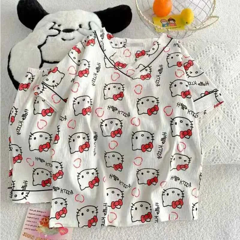 Sanrio Fashion Casual Cute Sweet Polka Dot Home Cartoon Cat Shorts Short-Sleeved Pajamas Suit For Women