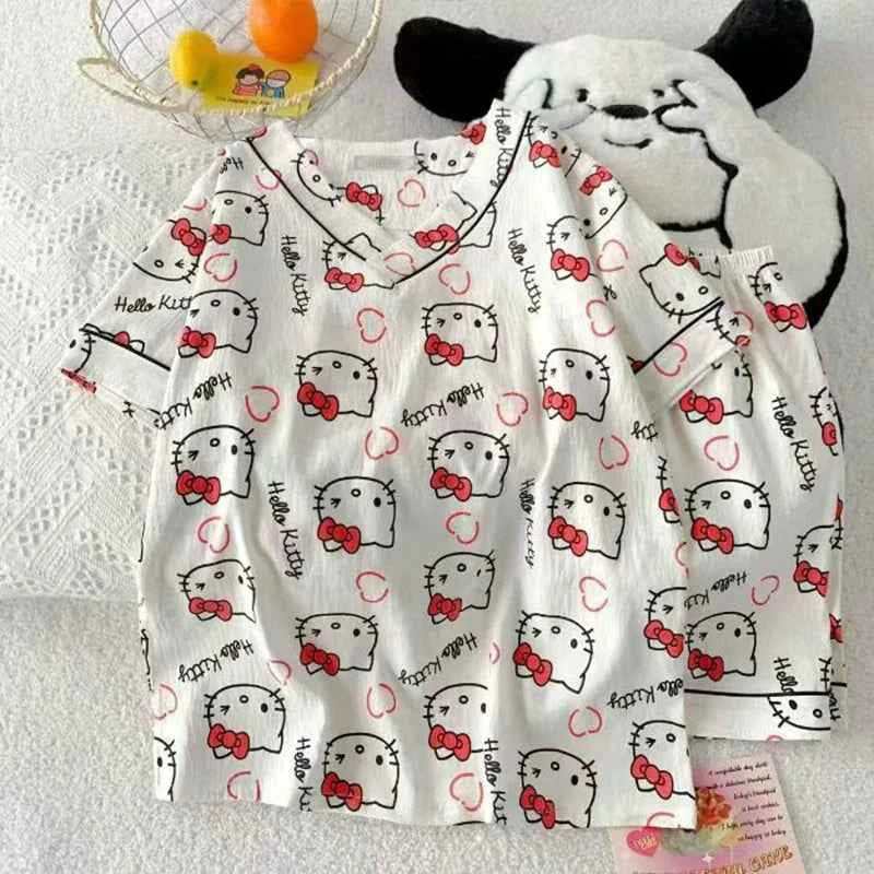 Sanrio Fashion Casual Cute Sweet Polka Dot Home Cartoon Cat Shorts Short-Sleeved Pajamas Suit For Women