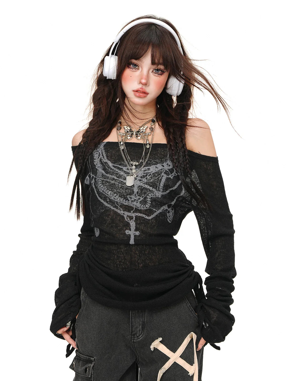 One Shoulder Slightly Translucent Sweet Hooded Long Sleeved - Vusy Kawaii Shop