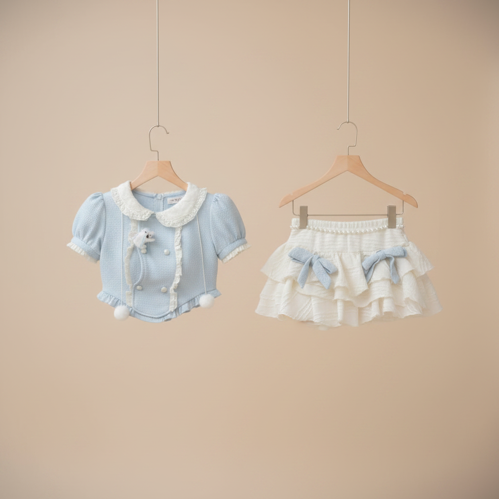 Y2K Puff Sleeve Crop Top & Tiered Skirt Set Women's Sweet Casual Two-Piece