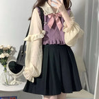 Chic Fashion Ruffled Patchwork Women Sweaters Vest and Bow - Vusy Kawaii Shop