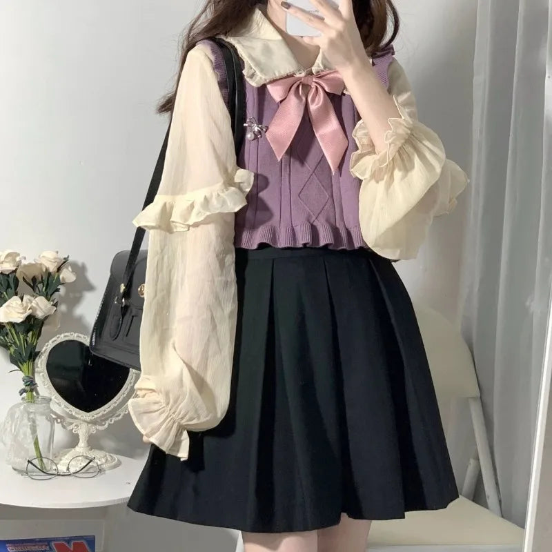 Chic Fashion Ruffled Patchwork Women Sweaters Vest and Bow - Vusy Kawaii Shop