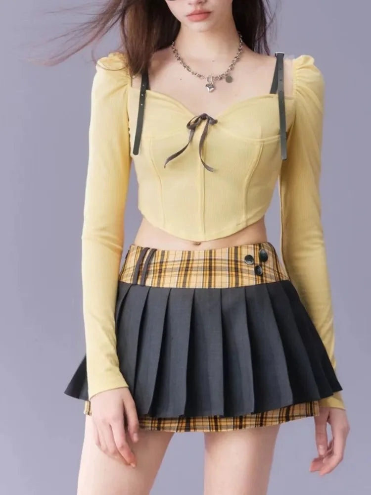 Long Sleeve Square Collar Slim Two-Piece Set Design Pleated - Vusy Kawaii Shop