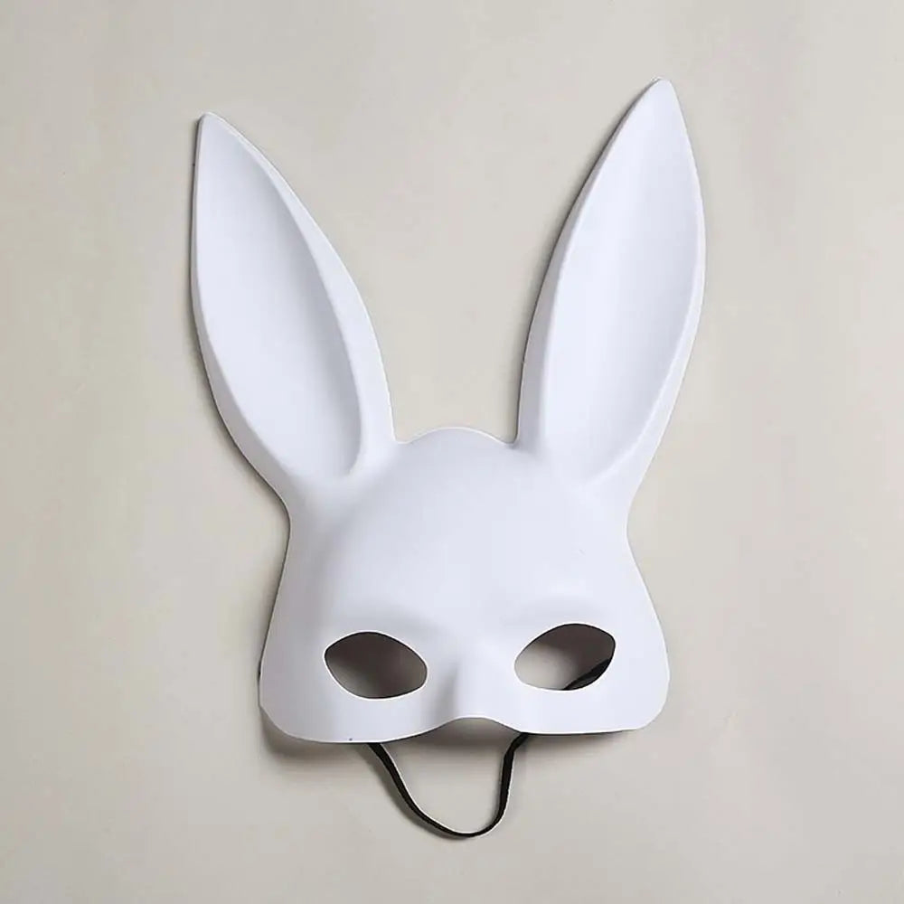 White matte bunny ear mask with black elastic strap, front view