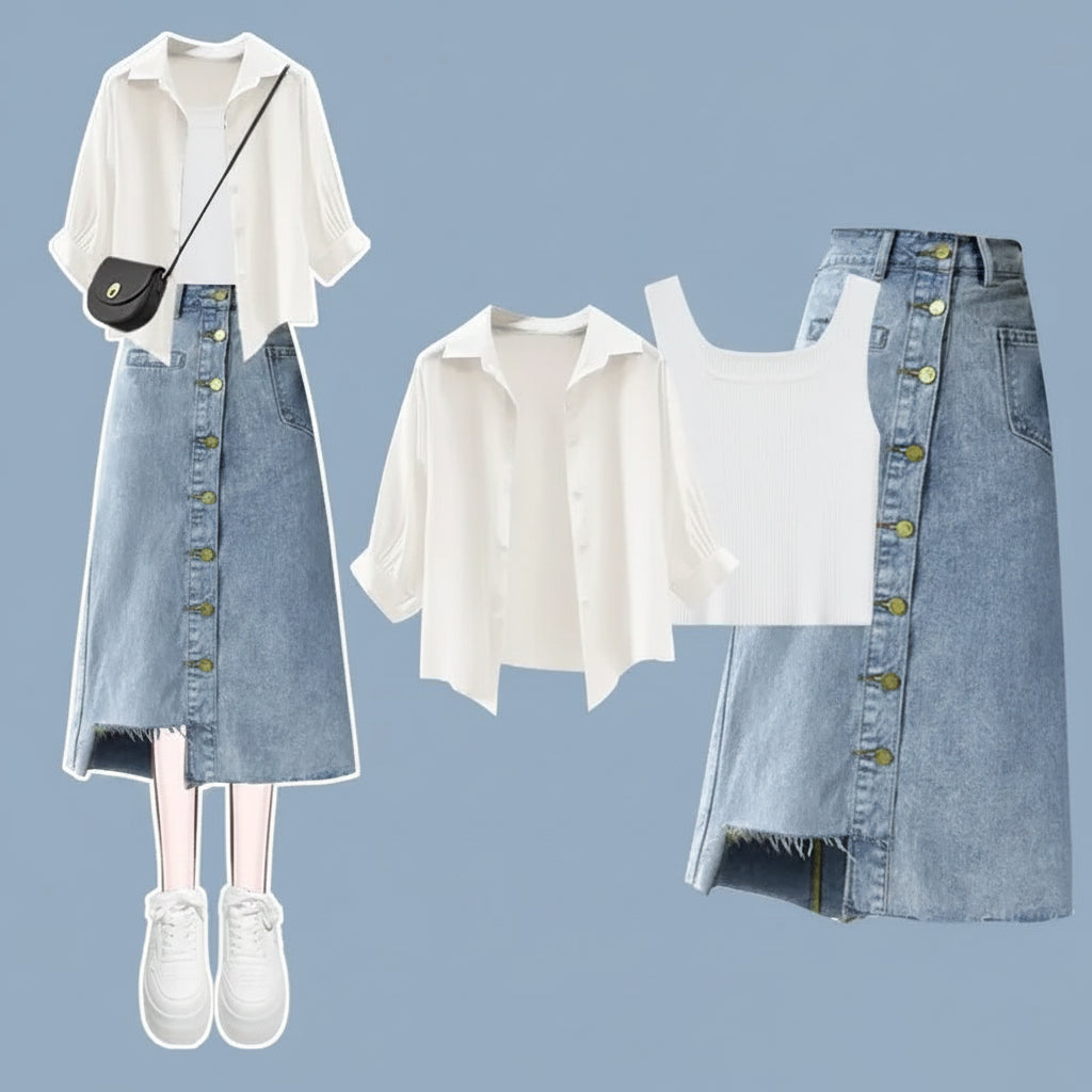 Summer Suit Inner Striped Vest Denim Skirt Three-Piece Set - Vusy Kawaii Shop