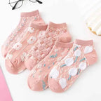 5 Pairs of Kawaii Cute Flower 3D Textured Ankle Socks - Vintage Style Thin Low Cut Hosiery for Womenity Pink Boat Socks Female