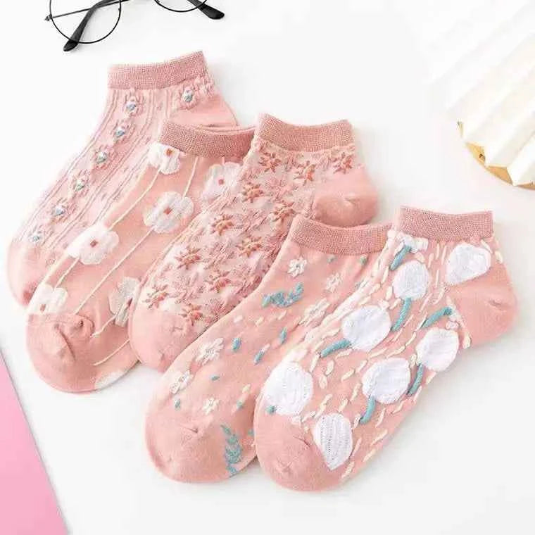 5 Pairs of Kawaii Cute Flower 3D Textured Ankle Socks - Vintage Style Thin Low Cut Hosiery for Womenity Pink Boat Socks Female