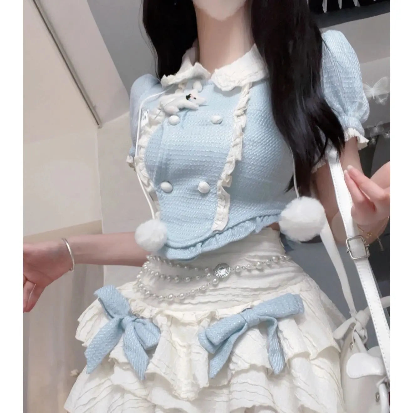 Fashion Sweet Puff Sleeve Slim Fit Top and High Waist Cake - Vusy Kawaii Shop