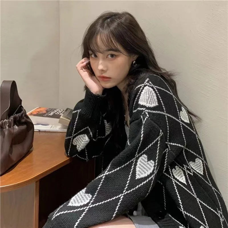 Women Heart Pattern Jacquard Sweater Long Sleeve Love Style - Vusy Kawaii Shop