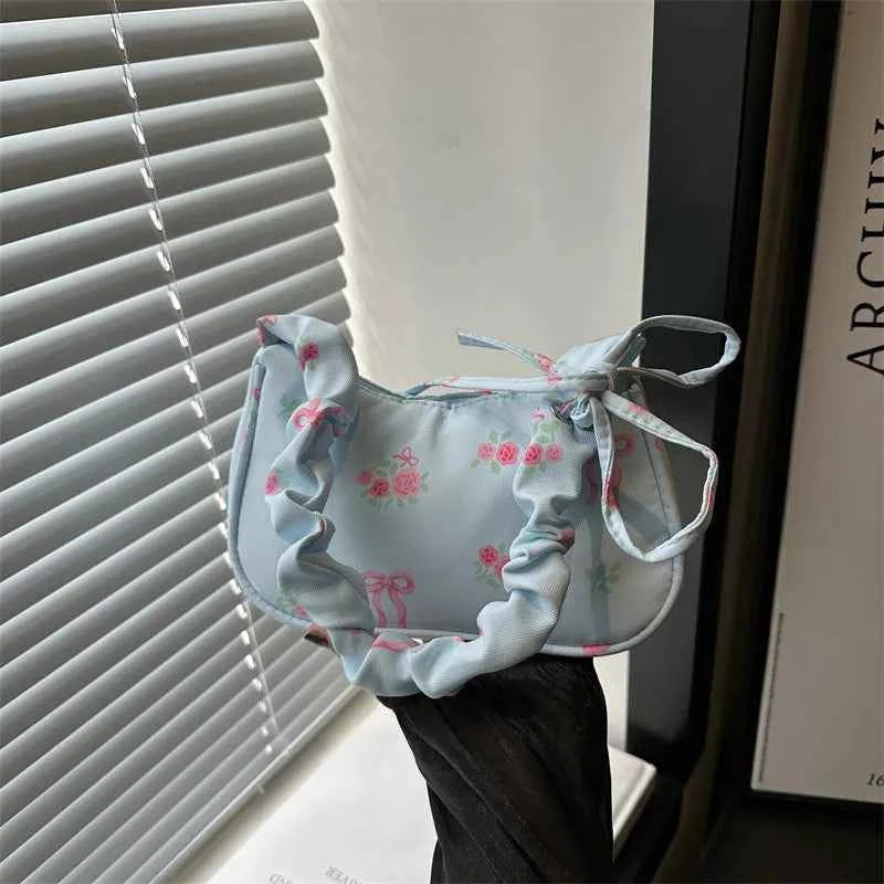 Women's Underarm Bag Summer Canvas Pleated Handlebags Armpit Purse FloralBow Printed Zipper Tote Handbag Female Y2k Shoulder Bag