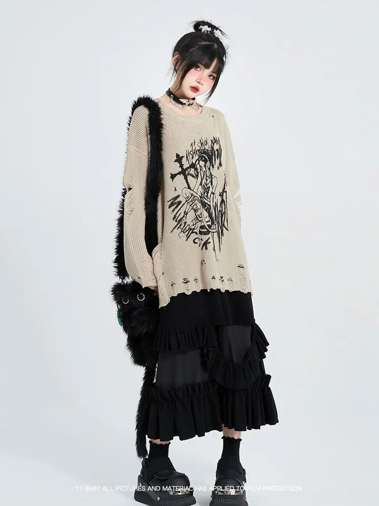 Khaki Ripped Sweater Spring-Autumn Lazy Style Cartoon Girl - Vusy Kawaii Shop