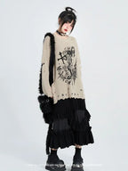Khaki Ripped Sweater Spring-Autumn Lazy Style Cartoon Girl - Vusy Kawaii Shop