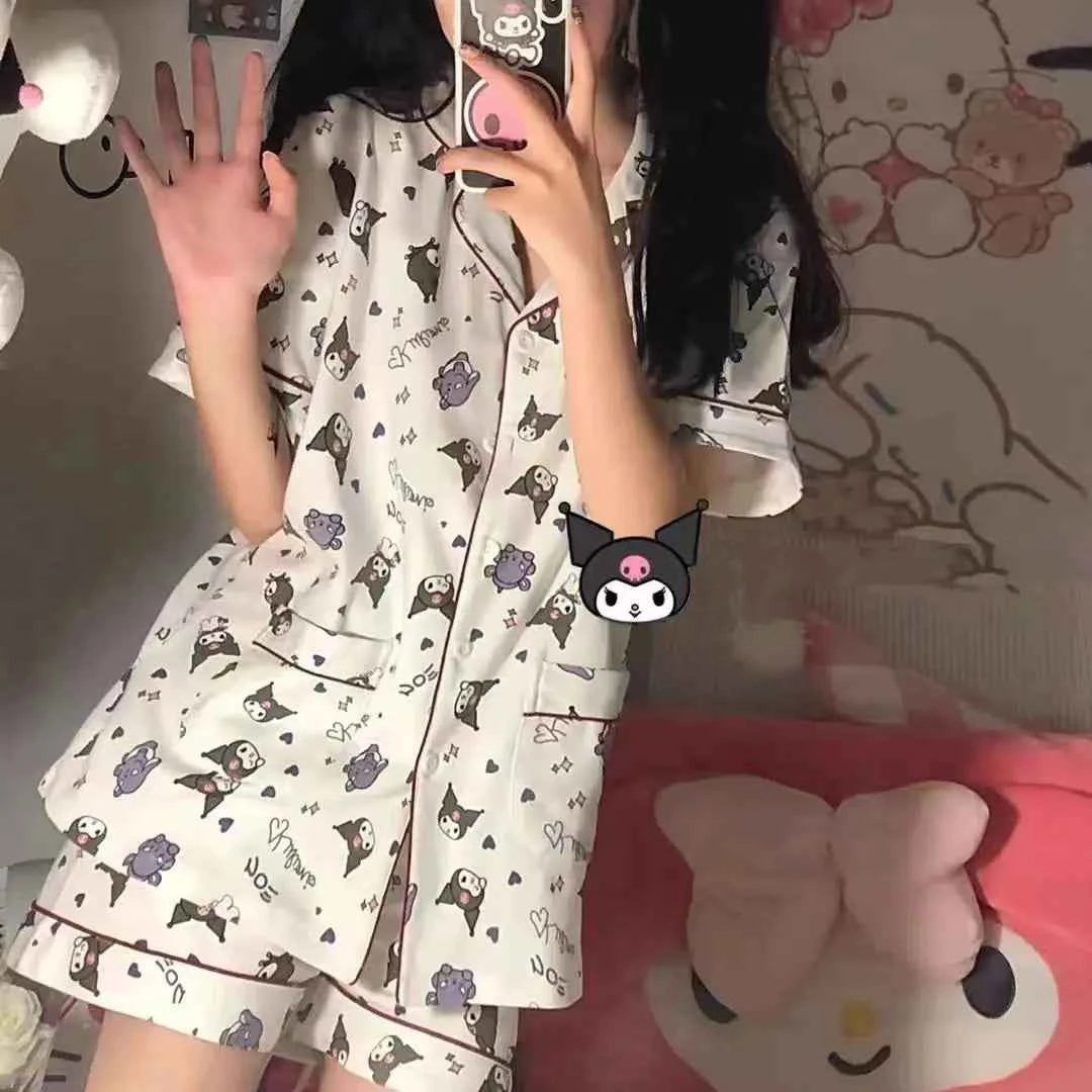 Cartoon Sanrioed Pajamas Suit Kawaii Hello Kittys Kuromi Summer Home Clothes Anime Casual Short Sleeves Shorts Student Sweet