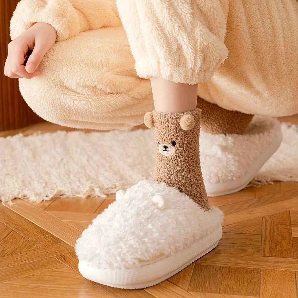 5/6/12 PCS Cartoon Animal Socks Women Warm Plush Mid-calf Sock 6 Colors Fleece Sock Set Home Floor Sleeping Winter