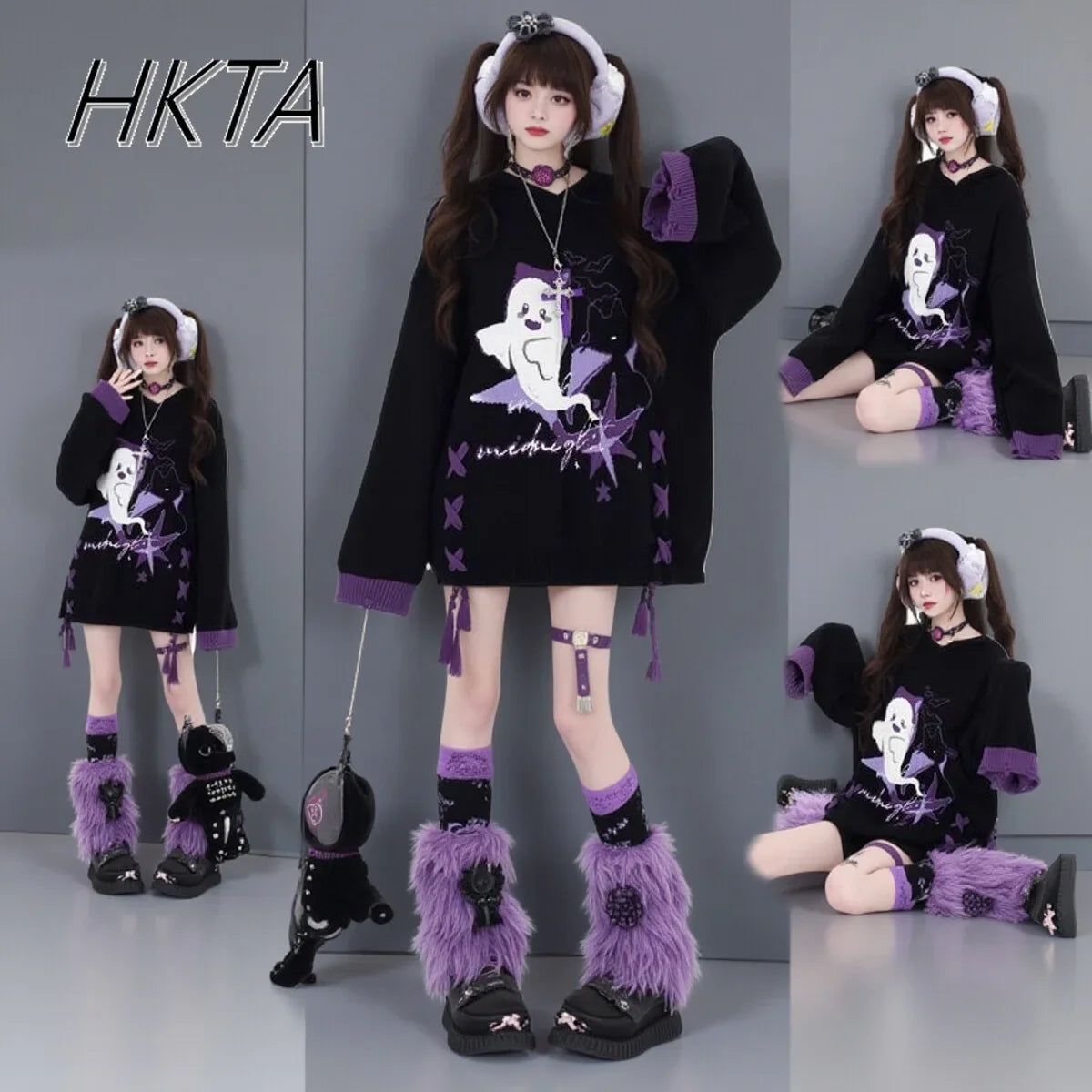 Model in black Y2K ghost knit sweater with ghost print, four poses collage
