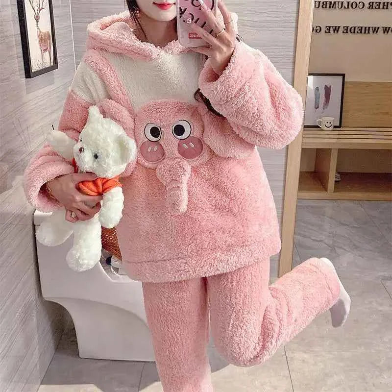 Kawaii Hello Kittys Cute Siamese Pajamas Women Coral Velvet Autumn Winter Sanrioed Sweet Thickened Warm Flannel Home Clothes