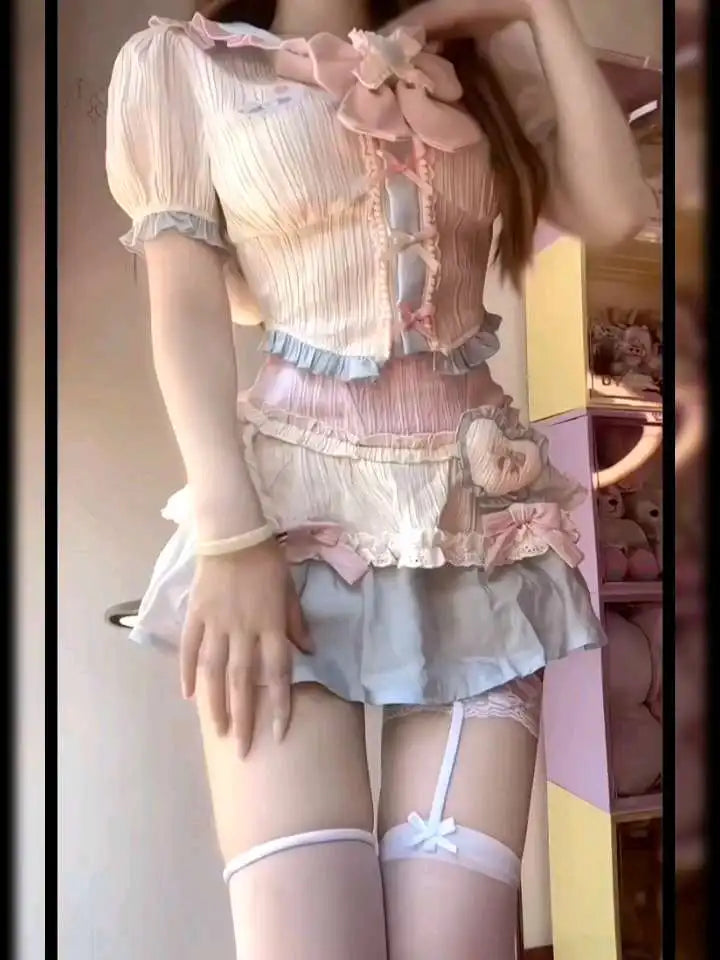 Kawaii Sweet Bow Puff Sleeve Sailor Collar Blouse Patchwork - Vusy Kawaii Shop