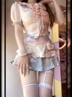 Kawaii Sweet Bow Puff Sleeve Sailor Collar Blouse Patchwork - Vusy Kawaii Shop