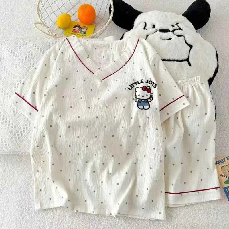 Sanrio Fashion Casual Cute Sweet Polka Dot Home Cartoon Cat Shorts Short-Sleeved Pajamas Suit For Women