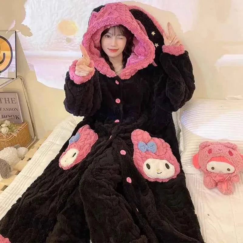 Anime Sanrioed Kuromi Pajamas Pants Set Women Kawaii Melody Coral Fleece Robe Winter Thickened Warm Female Flannel Home Clothes