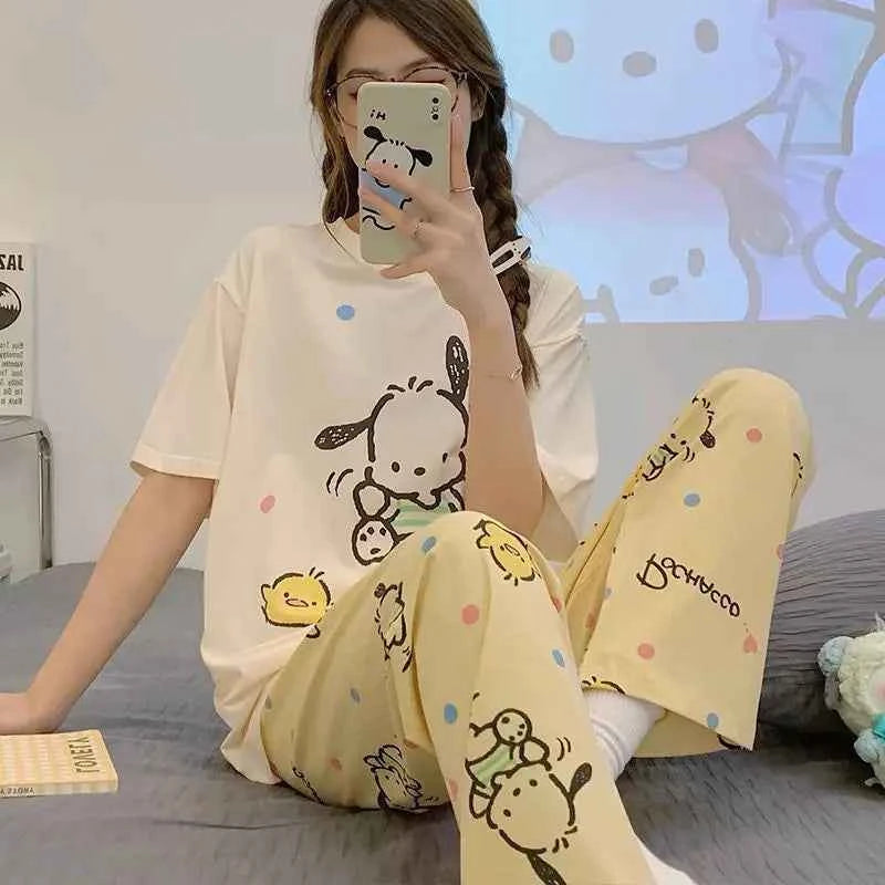 Sanrios Pochacco Pajamas for Women Pure Cotton Summer Short-Sleeved Trousers Kawaii Cinnamoroll Home Clothes Suit Girl Sleepwear