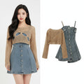 Korean Hollow Long Sleeve Top & Denim Strap Skirt 2-Piece Set