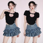 Skirt Set Bow Tie Love Hollow Out Crop Top Denim Ruffled - Vusy Kawaii Shop