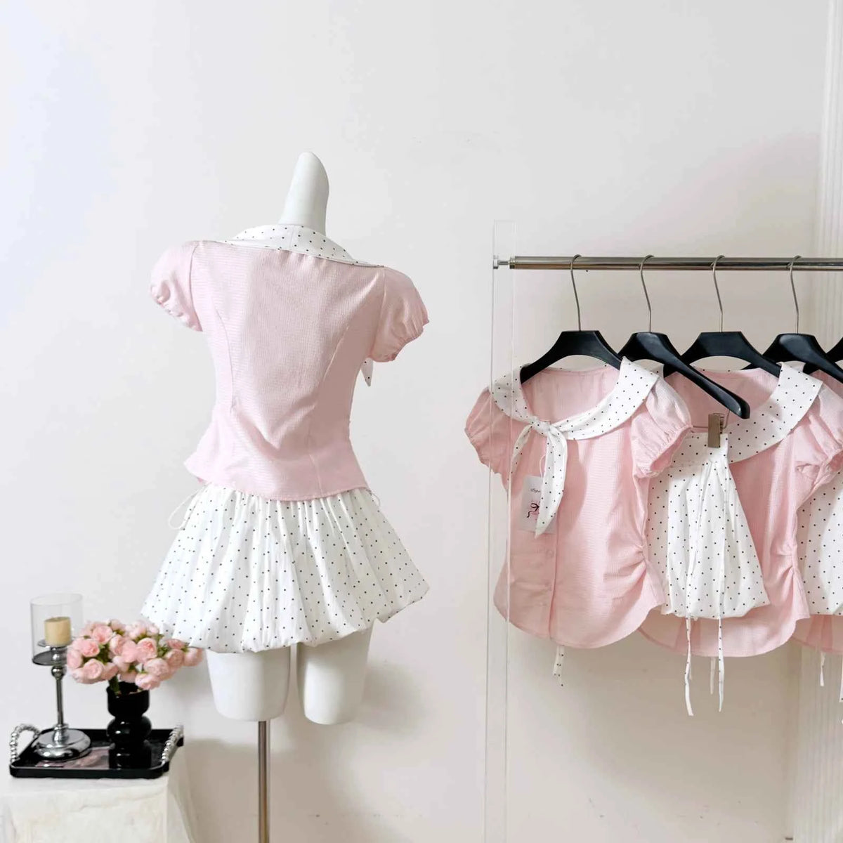 Women's Sweet Polka Dot Bow Collar Top & Mini Skirt Set