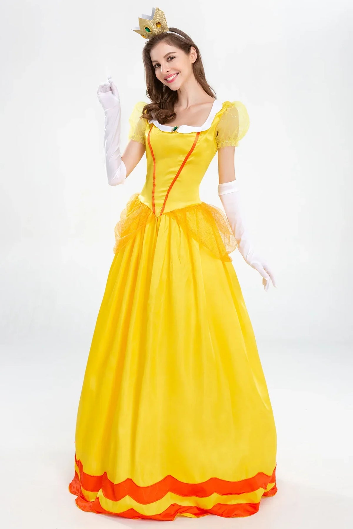 Princess Daisy yellow ball gown with crown on model, front view