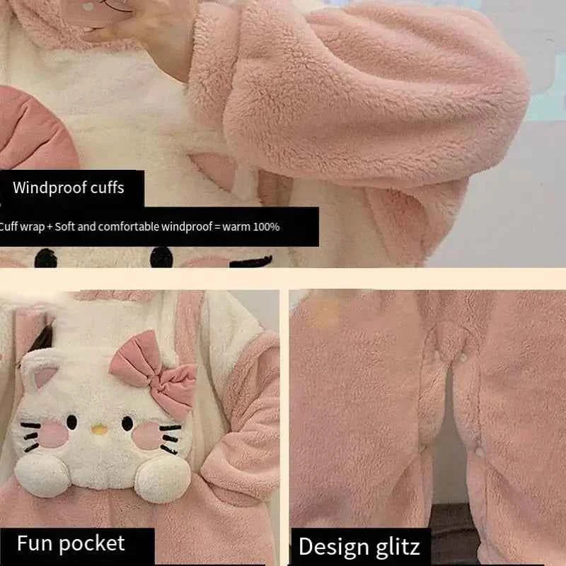 Kawaii Hello Kittys Cute Siamese Pajamas Women Coral Velvet Autumn Winter Sanrioed Sweet Thickened Warm Flannel Home Clothes