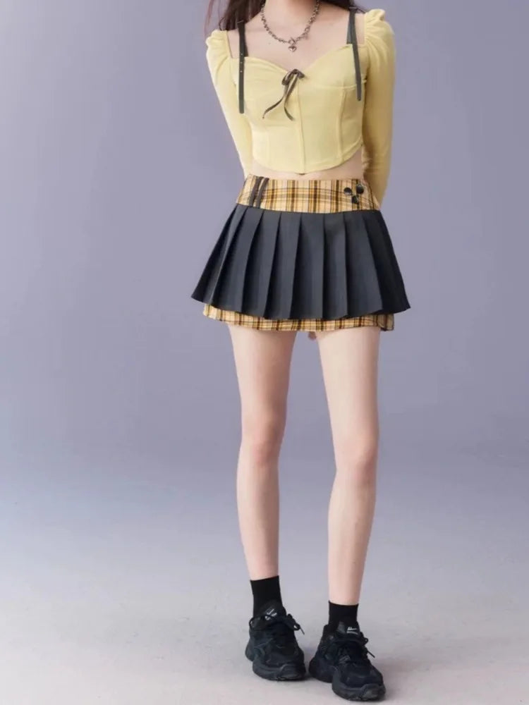 Long Sleeve Square Collar Slim Two-Piece Set Design Pleated - Vusy Kawaii Shop