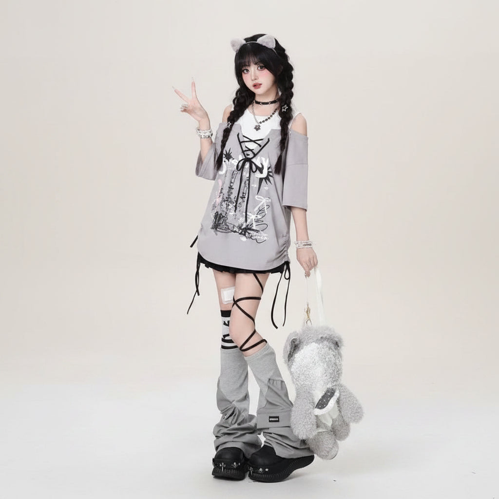 Women Aesthetic Fake Two Pieces Top Harajuku Printing - Vusy Kawaii Shop