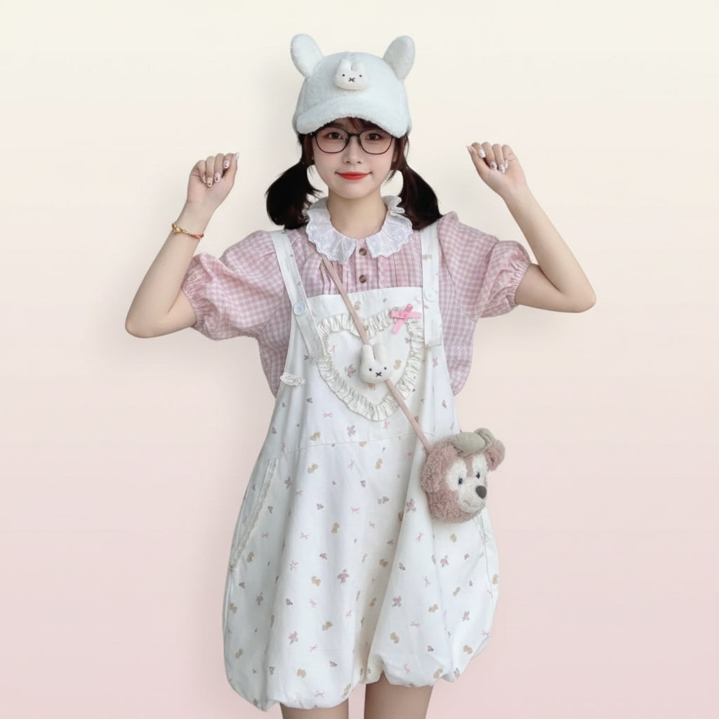 Japanese Peter Pan Collar Puff Sleeve Plaid Shirt Women - Vusy Kawaii Shop