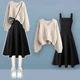 
Apricot sweater + black suspender skirt two-piece set
