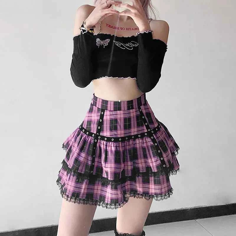 Mall Goth Gothic Lace Ruffle Mini Skirts Womens Harajuku Fairy Grunge Pink Plaid Pleated Skirt Japanese Lolita Streetwear