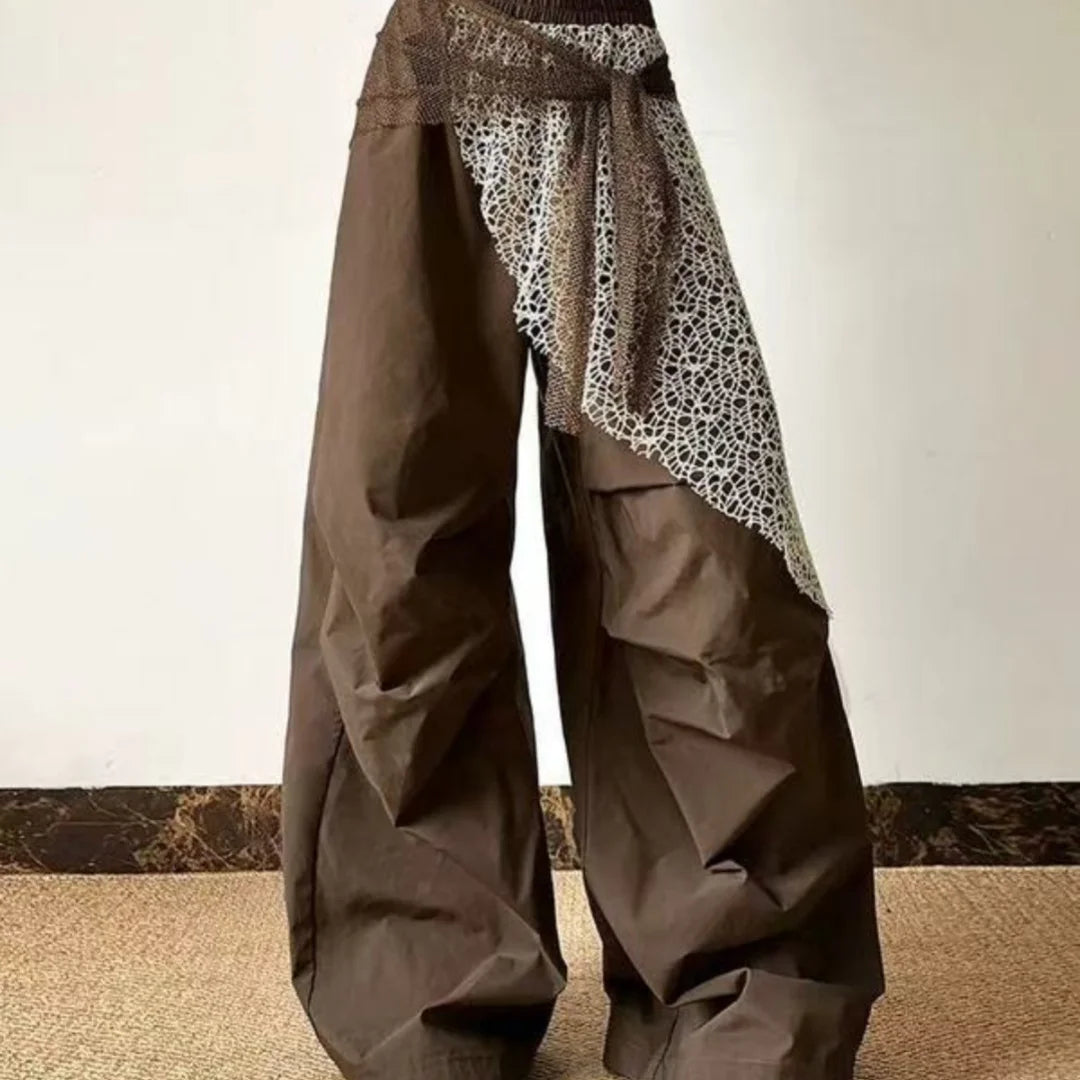 Brown Bohemian Tassel Knit Set, wide-leg brown pants with white lace panel and tie sash
