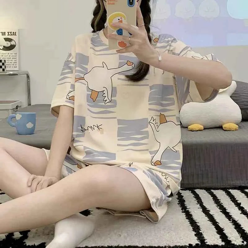 New Pajamas Female Summer Short-Sleeved Shorts Suit Korean Version of the Student Sweet Cute Cartoon Ms. Loose Homewear Suit