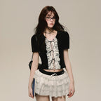 "Romantic Imagination" Black Embroidered Placket Short - Vusy Kawaii Shop