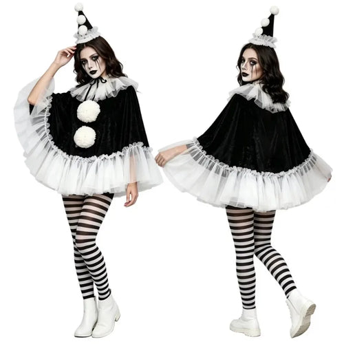Model front and back in black velvet pierrot poncho with white pom poms, hat, striped tights