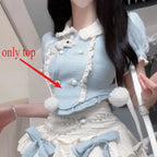 Fashion Sweet Puff Sleeve Slim Fit Top and High Waist Cake - Vusy Kawaii Shop