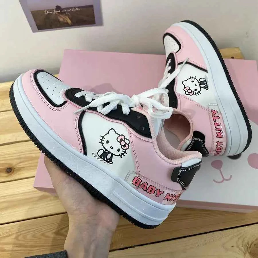 Sanrios Hello Kitty Sneakers Kawaii Women's Shoes Fashion Breathable Sneaker Leather Cartoon Cute Girls Skateboard Spring/autumn