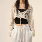 Crochet Crop Cardigan Women Long Sleeve Lace-Up Tie Front - Vusy Kawaii Shop