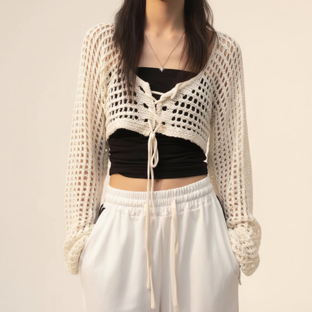 Crochet Crop Cardigan Women Long Sleeve Lace-Up Tie Front - Vusy Kawaii Shop