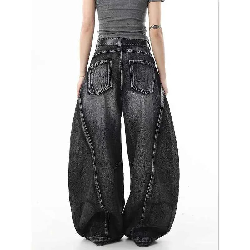 Y2K Black Graffiti Worn Out Womens Jeans High Waist Vintage Straight Baggy Denim Pants Street American Wide Leg Denim Trouser