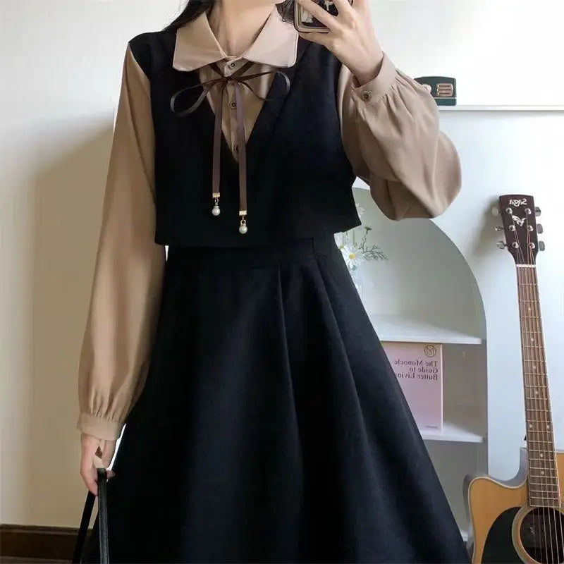 Kawaii Dress Suits 2022 Spring Autumn New Japan School Girl Student Doll Collar Long Sleeve Dress + Cape Shawl Two-piece Set - Vusy Kawaii Shop